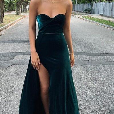 Simple dark green sweethart side slit prom dress evening dress