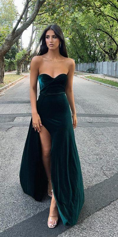 Simple Dark Green Sweethart Side Slit Prom Dress Evening Dress