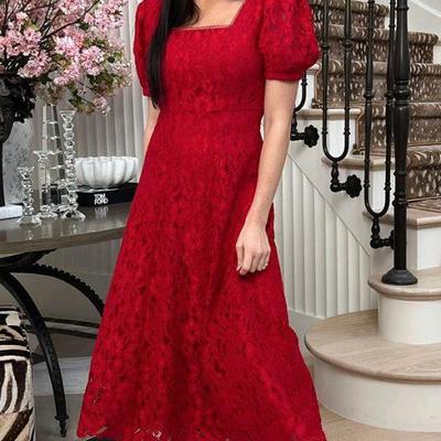 Simple red lace tea-length prom dress evening dress