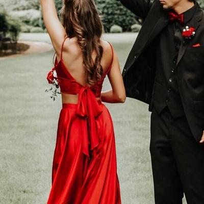 Two piece red long split prom dress - Thumbnail 4