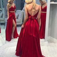 Two Piece Red Long Split Prom Dress - Thumbnail 1