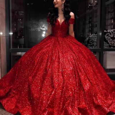 Off the shoulder red sequin ball gown prom dress