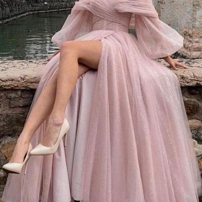 Off the shoulder pink long prom dresses party gown