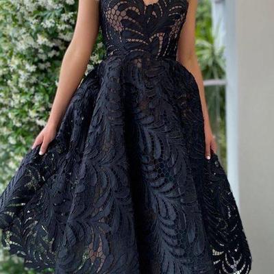 Simple black lace tea-length prom dress evening dress
