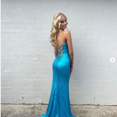 Blue mermaid sequins prom dress evening dress