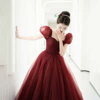 Burgundy Tulle Beaded Long Prom Dress, Beautiful A-Line Evening Party Dress - Thumbnail 2