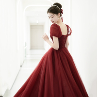 Burgundy Tulle Beaded Long Prom Dress, Beautiful A-Line Evening Party Dress - Thumbnail 3