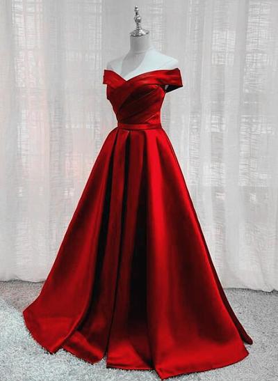 Beautiful A Line Hot Red Off Shoulder Satin Long Prom Dresses