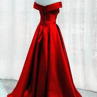 Beautiful A Line Hot Red Off Shoulder Satin Long Prom Dresses - Thumbnail 1