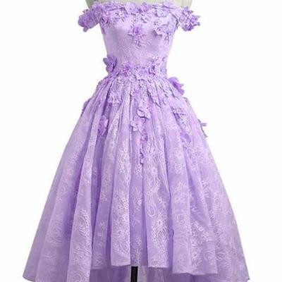 Off shoulder purple high low lace prom dresses - Thumbnail 2