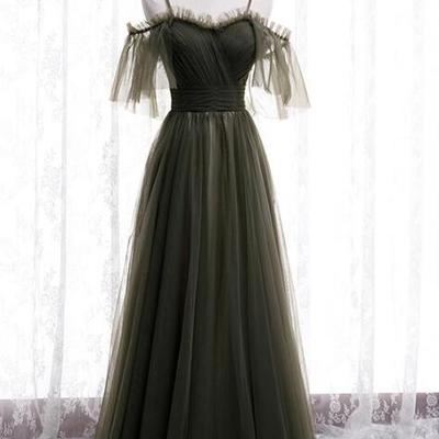 Off shoulder a line tulle long prom dresses