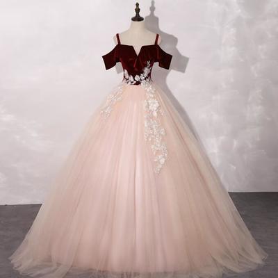 Charming off shoulder red velvet top and light pink tulle ball gown prom dresses 