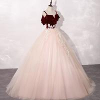 Charming Off Shoulder Red Velvet Top and Light Pink Tulle Ball Gown Prom Dresses  - Thumbnail 1