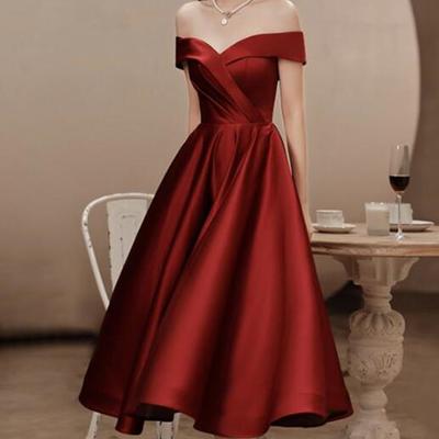 Elegant simple dark red tea length satin prom dresses - Thumbnail 2