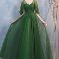 A Line Green Tulle Long Formal Prom Dresses - Thumbnail 1