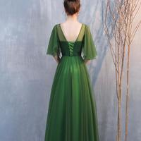 A Line Green Tulle Long Formal Prom Dresses - Thumbnail 2