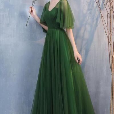A line green tulle long formal prom dresses