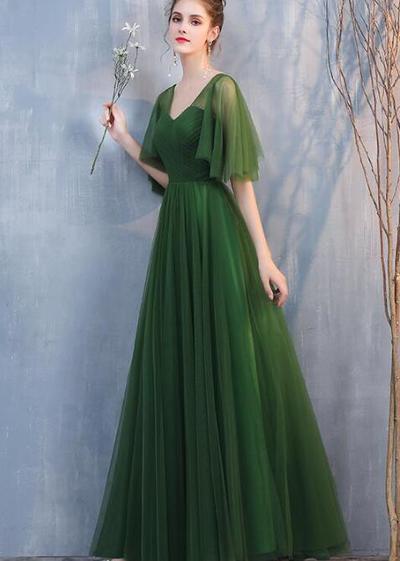 A Line Green Tulle Long Formal Prom Dresses