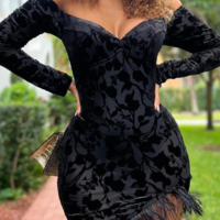 Black V-Neck Slim Long-Sleeved Dress - Thumbnail 2