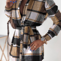 Casual Contrast Plaid Long-Sleeved Chiffon Dress - Thumbnail 2