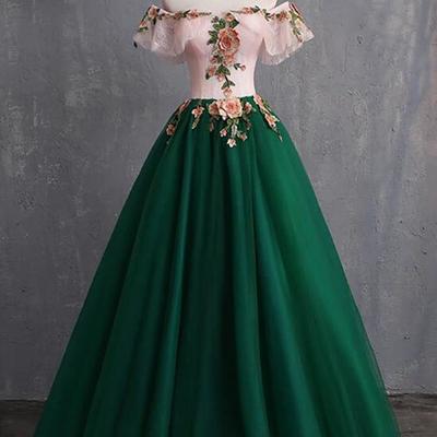 Off shoulder a line green tulle prom dress with pink floral  - Thumbnail 1