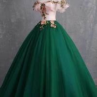 Off Shoulder A Line Green Tulle Prom Dress With Pink Floral  - Thumbnail 1