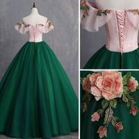 Off Shoulder A Line Green Tulle Prom Dress With Pink Floral  - Thumbnail 2