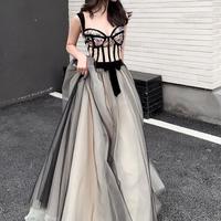 A Line Black and Champagne Tulle Long Unique Prom Dress - Thumbnail 1