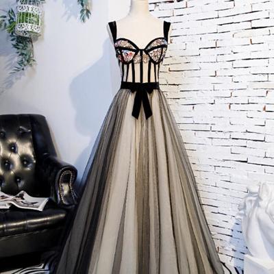 A line black and champagne tulle long unique prom dress - Thumbnail 4