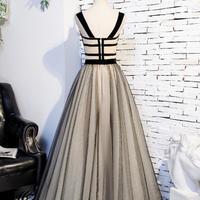 A Line Black and Champagne Tulle Long Unique Prom Dress - Thumbnail 2