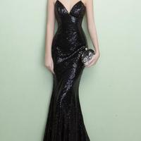 Simple Black Sequins Backless Long Prom Dresses - Thumbnail 1