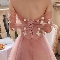 Cute Off Shoulder A Line Pink Tulle Prom Dress with Butterflies - Thumbnail 2