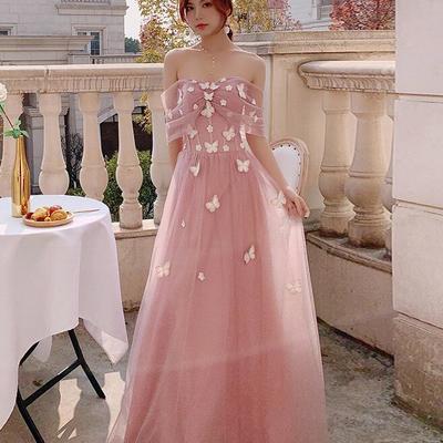 Cute off shoulder a line pink tulle prom dress with butterflies