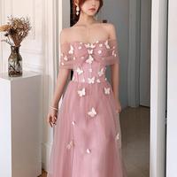 Cute Off Shoulder A Line Pink Tulle Prom Dress with Butterflies - Thumbnail 1