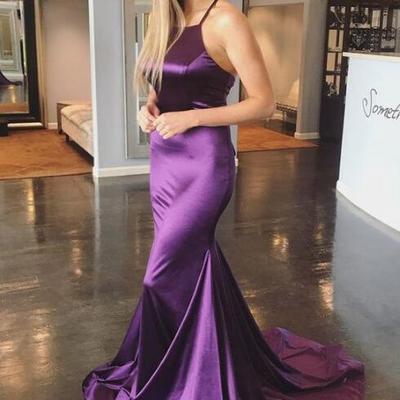 Mermaid purple low back satin prom dress