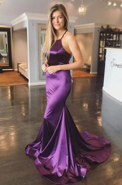 Mermaid Purple Low Back Satin Prom Dress