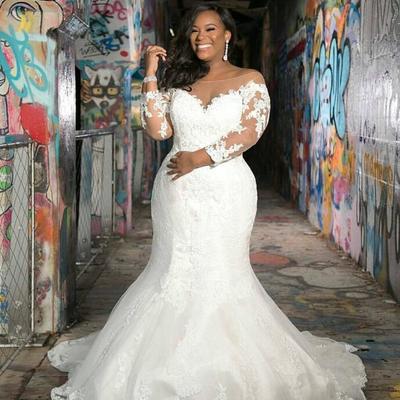Off the shoulder lace plus size mermaid wedding dress with long sleeves - Thumbnail 3