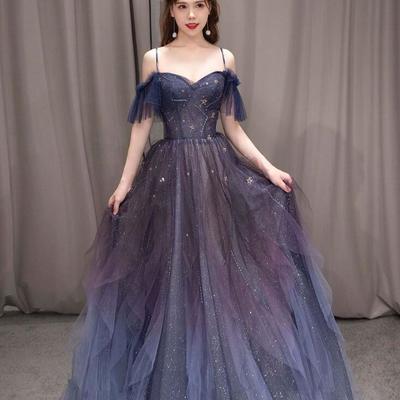 Charming a-line straps blue beaded tulle long formal dress