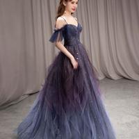 Charming A-line Straps Blue Beaded Tulle Long Formal Dress - Thumbnail 1