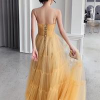 Charming Light Yellow Straps Tulle A-line Long Prom Dress - Thumbnail 1