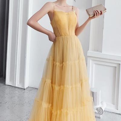 Charming light yellow straps tulle a-line long prom dress - Thumbnail 3