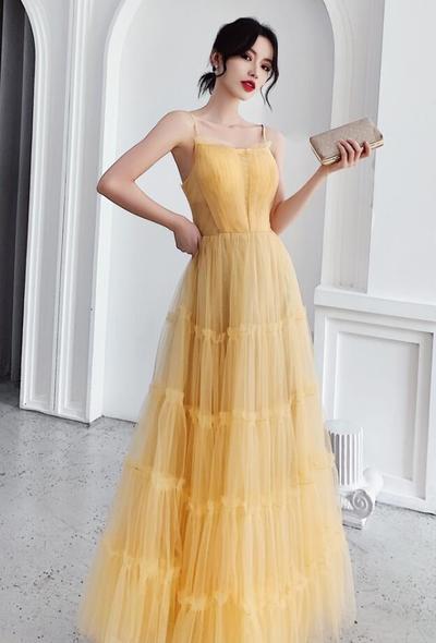 Charming Light Yellow Straps Tulle A-line Long Prom Dress