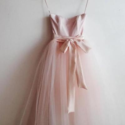 Lovely a line pink straps tea length tull prom dresses - Thumbnail 1