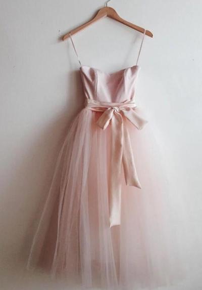 Lovely A Line Pink Straps Tea Length Tull Prom Dresses