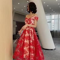 Charming Off Shoulder Red Lace Tea Length Prom Dresses - Thumbnail 1