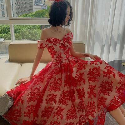 Charming off shoulder red lace tea length prom dresses - Thumbnail 3