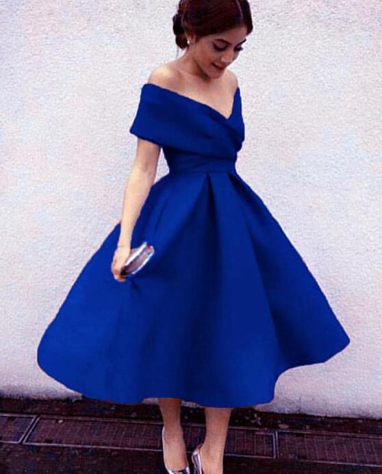 Off Shoulder Royal Blue Tea Length Party Dresses