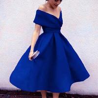 Off Shoulder Royal Blue Tea Length Party Dresses - Thumbnail 1