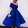 Off Shoulder Royal Blue Tea Length Party Dresses-1