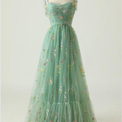 Mint green lace embroidery prom dress evening dress